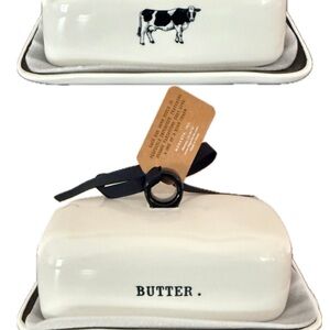 Rae Dunn White and Black Butter Dish with Cow Design